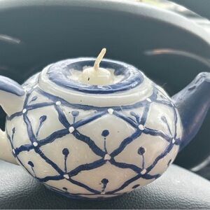 Blue & White Teapot-Shaped Candle Holder Vintage